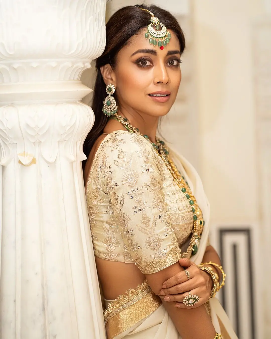 Shriya Saran Wearing Beautiful Earrings Jewellery White Saree